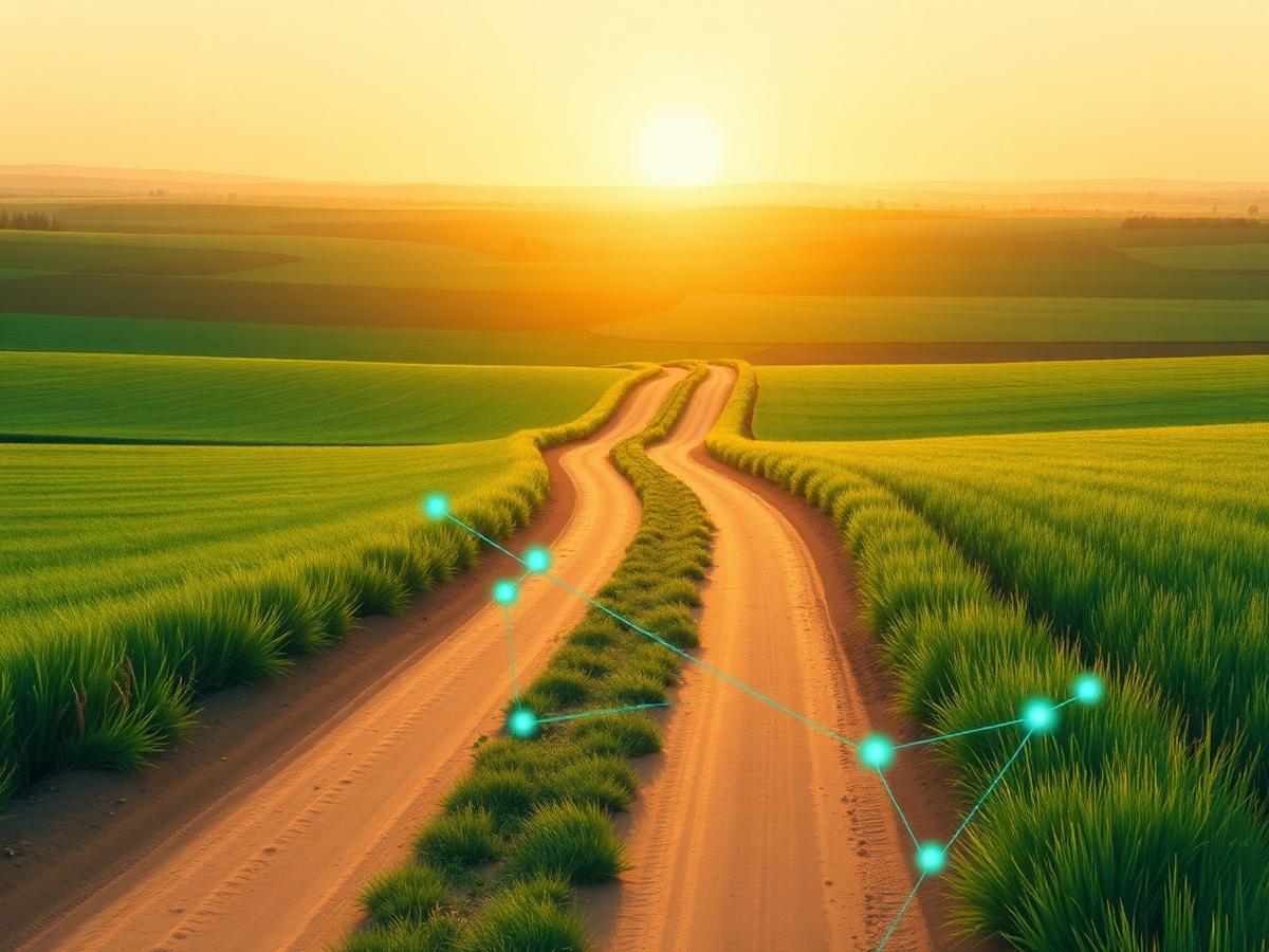 A rural road curving through green fields with faint digital connection lines alongside it